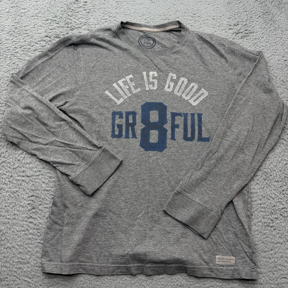 Life Is Good GR8FUL T-Shirt Mens Medium Gray Long Sleeve Grateful Crew Neck